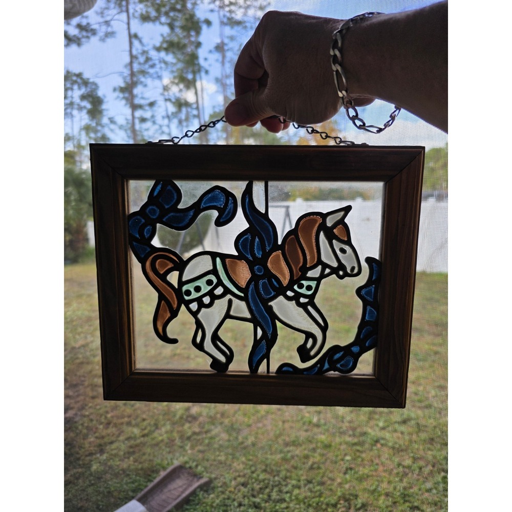 VTG Painted‎ Glass Carousel Horses Window Panel Wood Frame 12"x10" Hanging Art